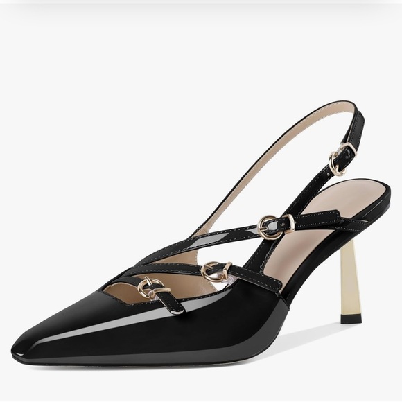 AUMOTED Womens Slingback Stiletto Pointed Toe Metallic Buckle Pumps 8.5, BNIB - Picture 1 of 12